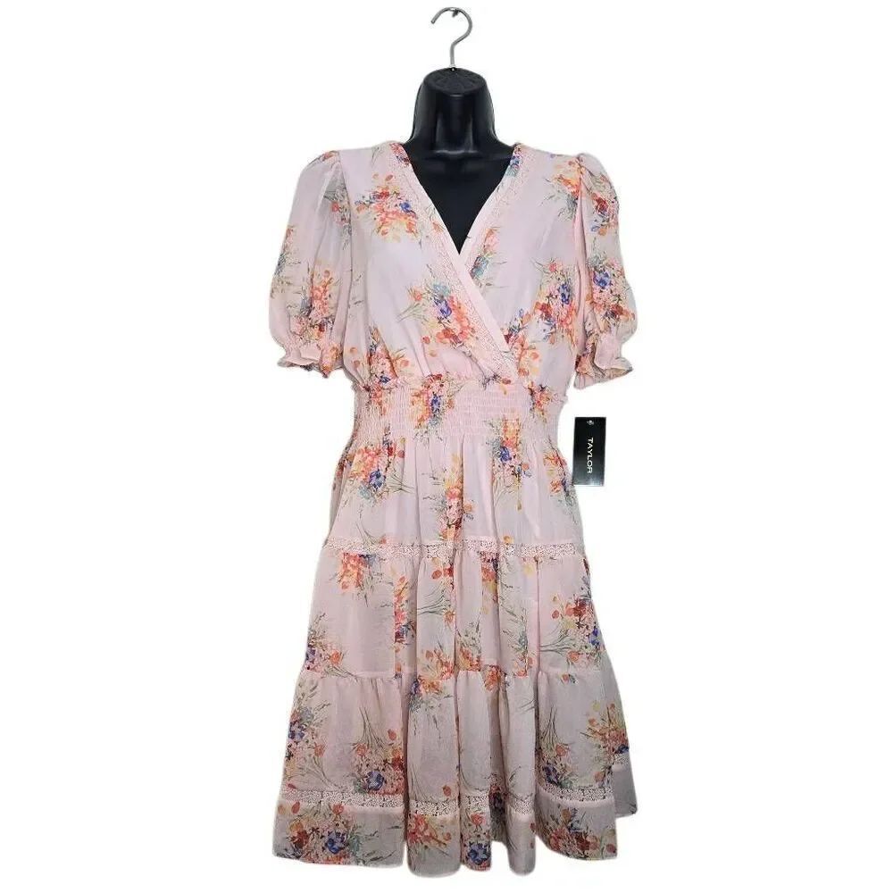 Taylor Dress Size 10 Floral Puffy Sleeve Pink Cottagecore Romantic Garden Tea Pa